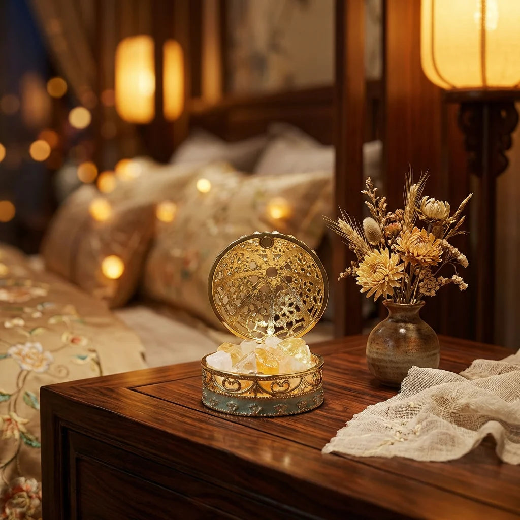 Mini Cloisonne Lamp in cozy bedroom scene
